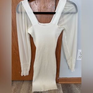 Love Always cream , ribbed fabric, mini dress with sheer long sleeves